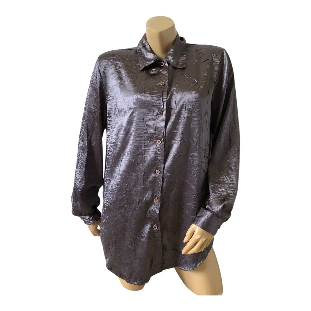 Vintage Cervelle Button Up Blouse Womens M Gray Crinkle Shimmer Long Sleeve